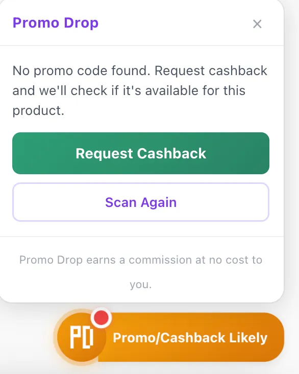 Promo Drop cashback request panel with Request Cashback button