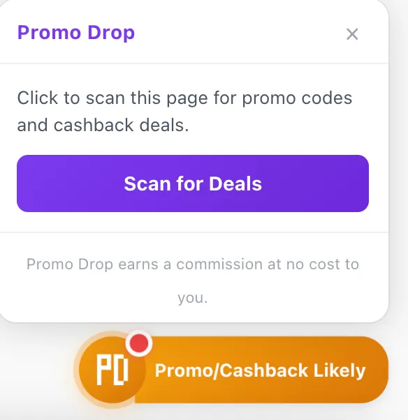 Promo Drop scan panel with Scan for Deals button on a Whop page