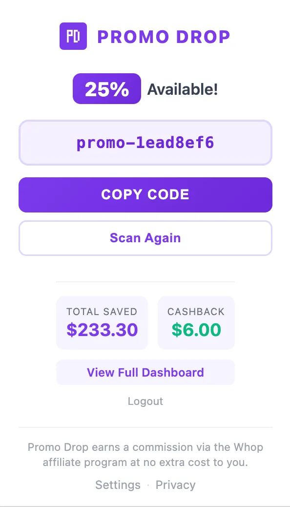 Promo Drop popup showing 25% promo code with $233.30 total saved